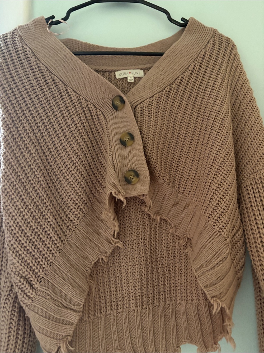 Ultra Flirt Cropped Distressed Knit Cardigan - Taupe Brown - Picture 2 of 4